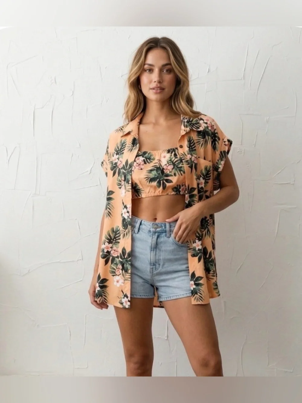 No Boundaries Top 2PC Peach Tropical Rayon Tie Front Button Up Size M (7-9)